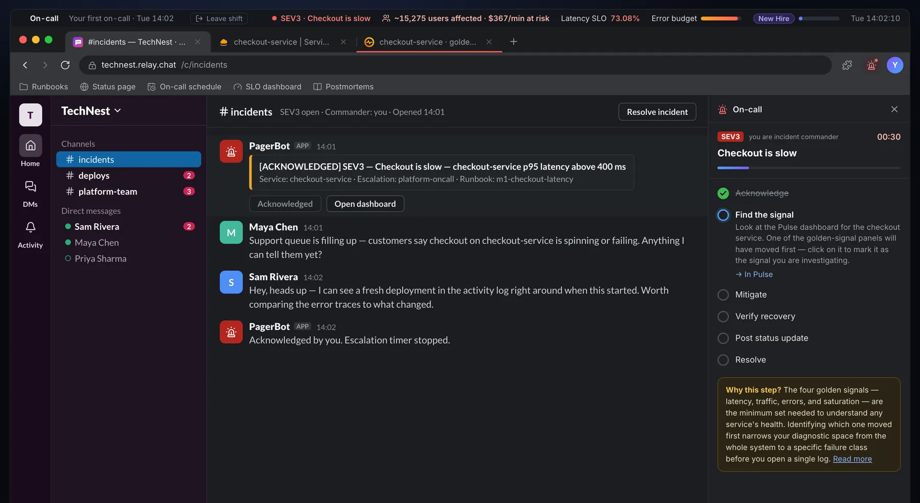 uptime99 Relay chat: a PagerBot SEV3 alert, Checkout is slow, acknowledged, with the support lead and the SRE lead replying in #incidents