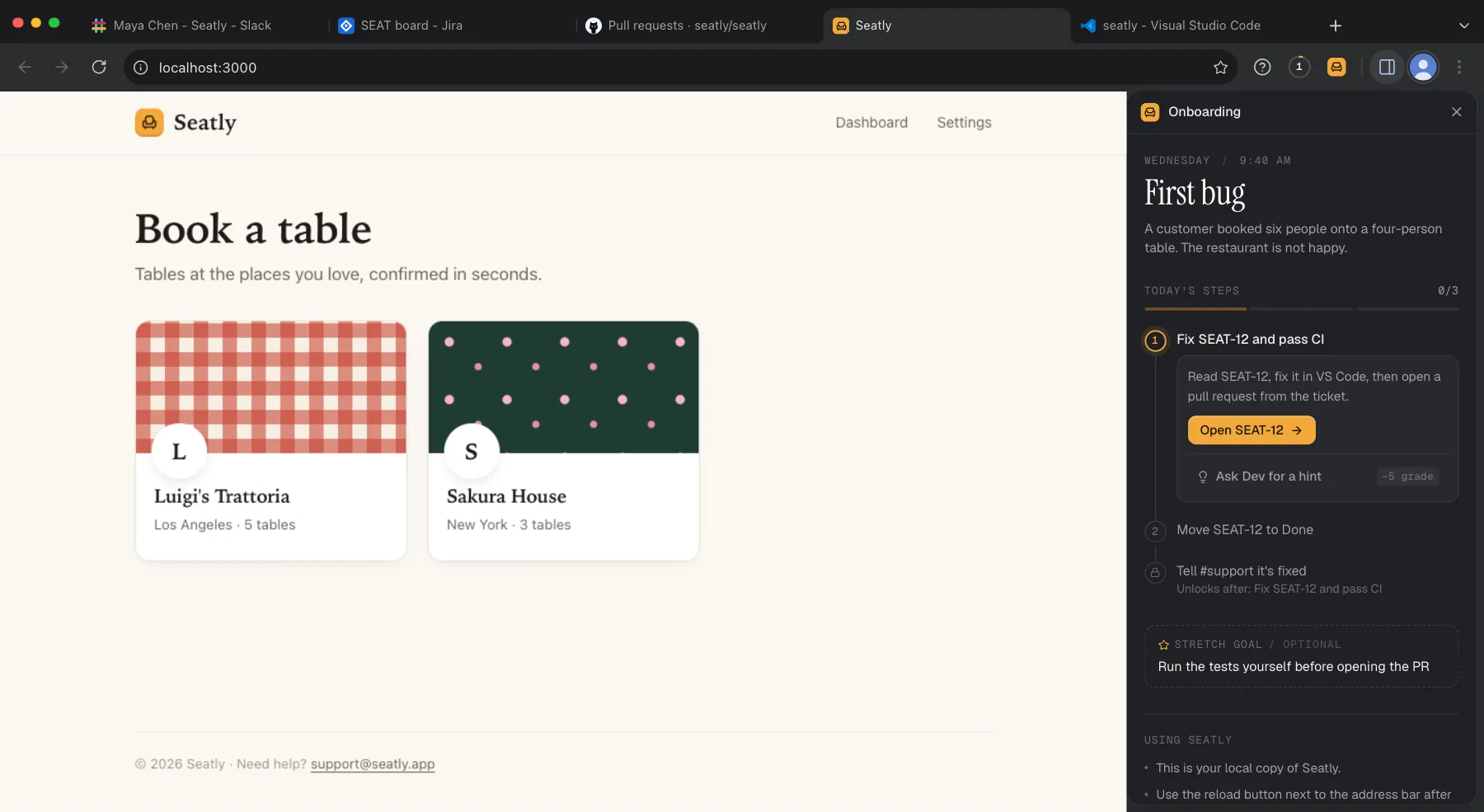 Arclab Sim: the Seatly booking app running at localhost:3000 with Luigi's Trattoria and Sakura House