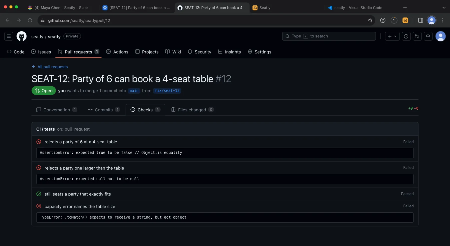 Arclab Sim: GitHub pull request checks, three hidden tests failing, including rejects a party of 6 at a 4-seat table