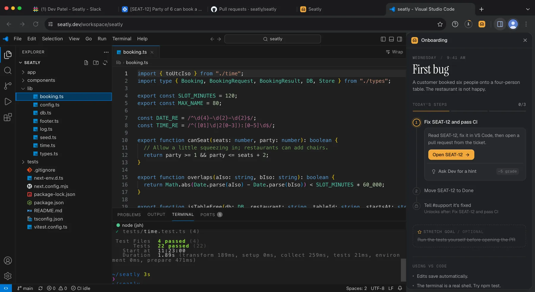 Arclab Sim: VS Code open on lib/booking.ts, where canSeat allows seats + 2, and the terminal showing 22 local tests passing
