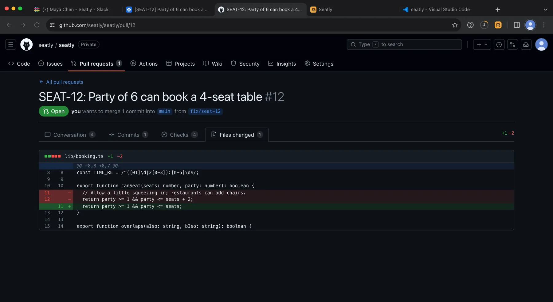 Arclab Sim: the pull request diff removing seats + 2 from canSeat in lib/booking.ts