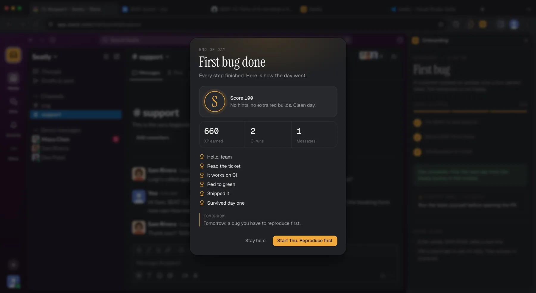 Arclab Sim: end-of-day report, First bug done, score 100, grade S, 660 XP, 2 CI runs and six achievements