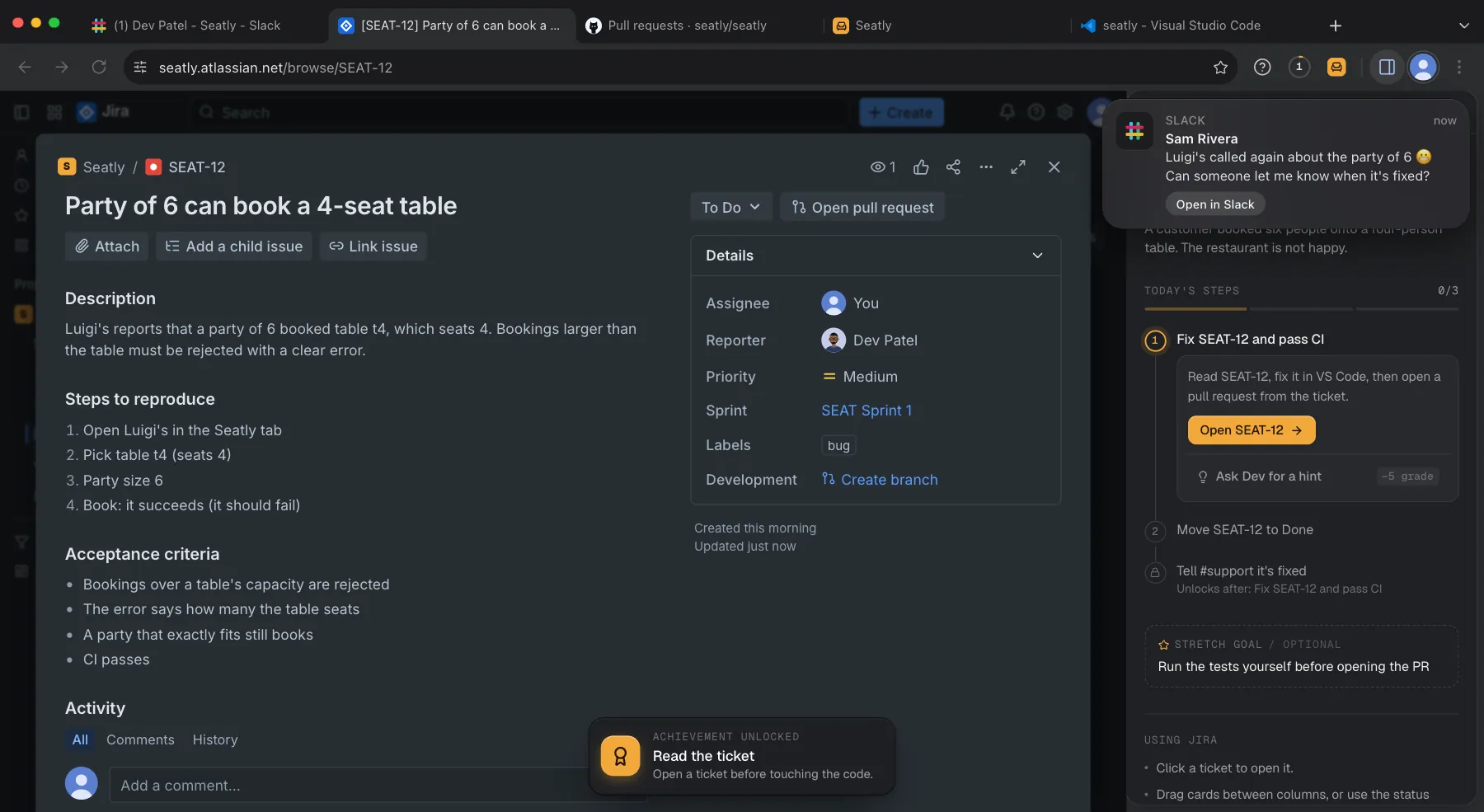 Arclab Sim: Jira ticket SEAT-12, Party of 6 can book a 4-seat table, with steps to reproduce, acceptance criteria and a Slack ping from support